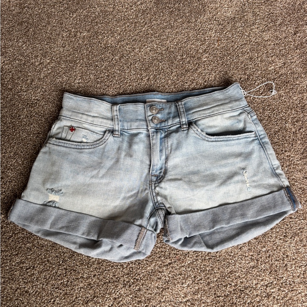 Hudson Ruby Mid Thigh Light Blue Cuffed Jean Shorts with Distressed Details